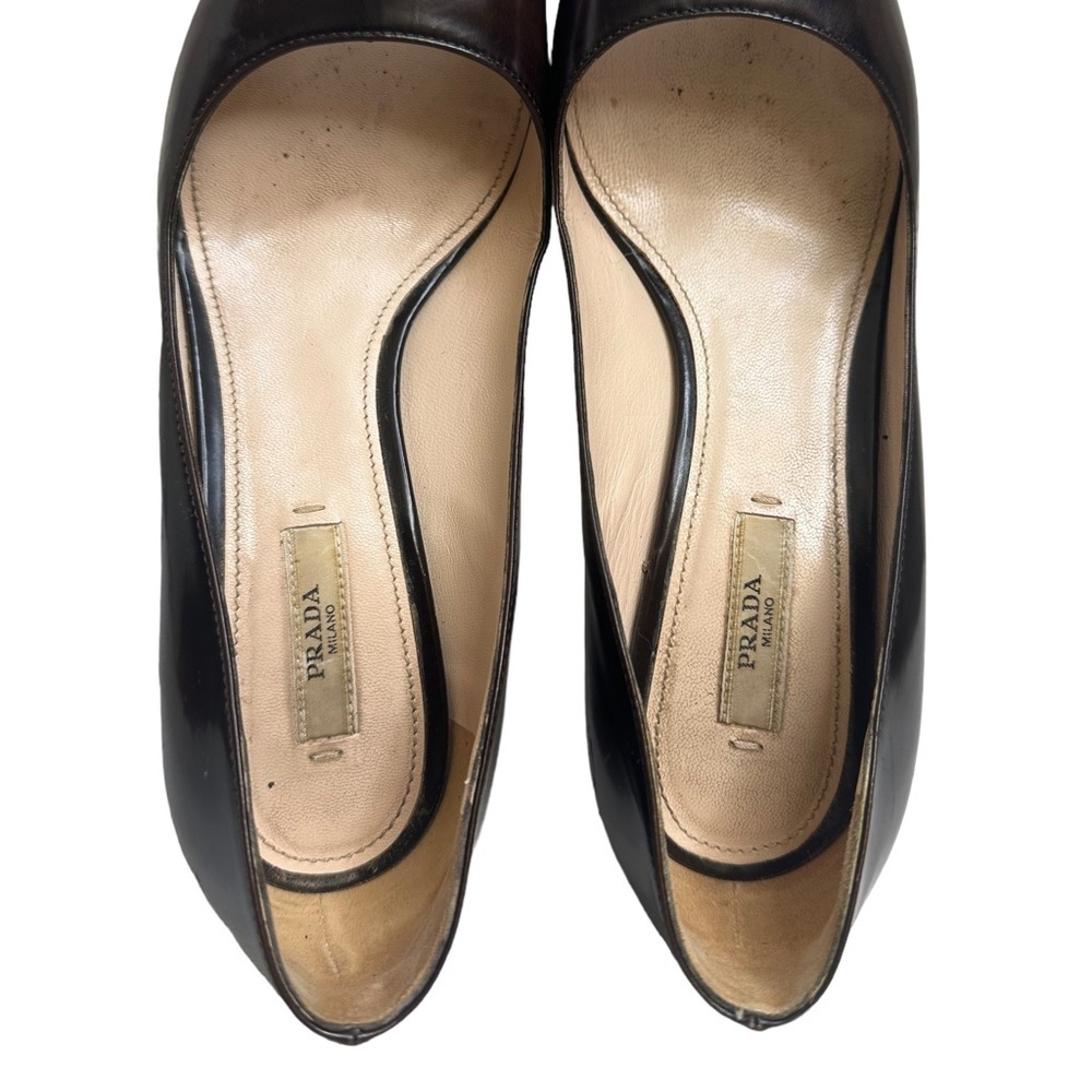 Prada Spazzolato Fume Brown Platform Pumps Peep Toe Rare Sz US 37 EUC $550 - Picture 3 of 16